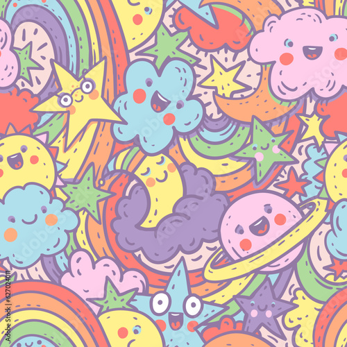 Fototapeta Naklejka Na Ścianę i Meble -  Cute LGBTQ pride seamless pattern. Colorful hand drawn rainbow and stars background.