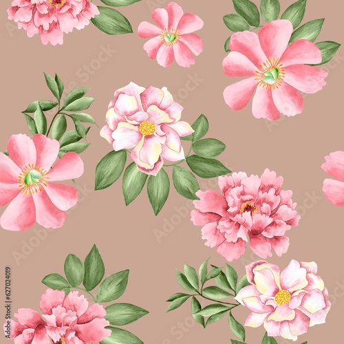 Watercolor flowers pattern, red tropical elements, green leaves, neutral background, seamless