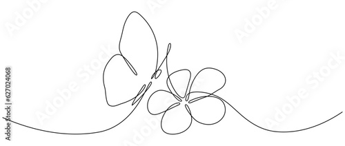 Flower with flying butterfly continuous line art drawing. Plumeria one line symbol. Vector illustration isolated on white.