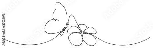 Flower with flying butterfly continuous line art drawing. Plumeria one line symbol. Vector illustration isolated on white.