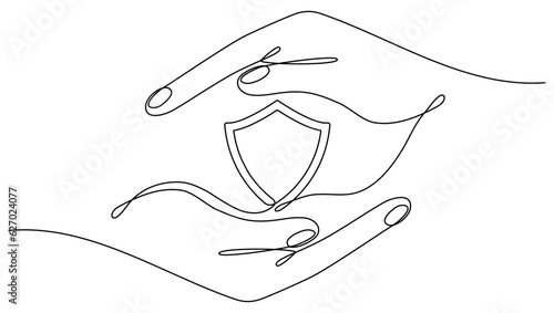 Hands holding shield badge continuous one line drawing. Guard protect linear symbol. Vector illustration isolated on white.