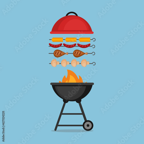 barbecue on the grill, landscape with trees and birds, Barbecue picnic, BBQ