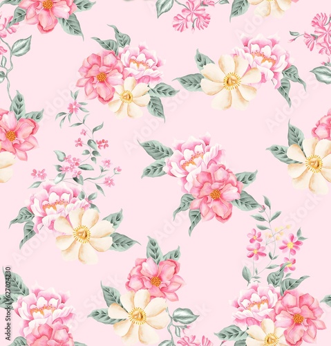 Watercolor flowers pattern, pink and yellow tropical elements, green leaves, pink background, seamless
