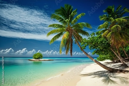 A serene beach with crystal blue water  pristine sand and coconut tree. Ideal for a summer getaway. Generative AI