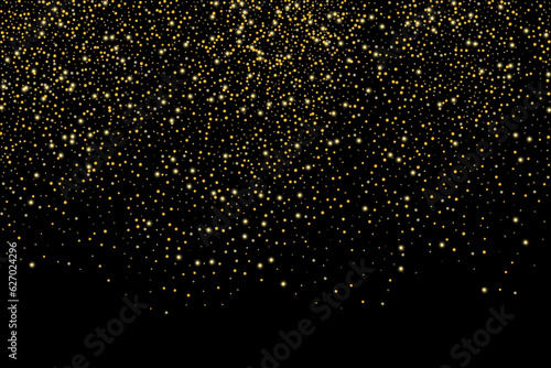 Gold glitter confetti on a black background. Shiny particles scattered, sand. Decorative element. Luxury background for your design, cards, invitations, vector