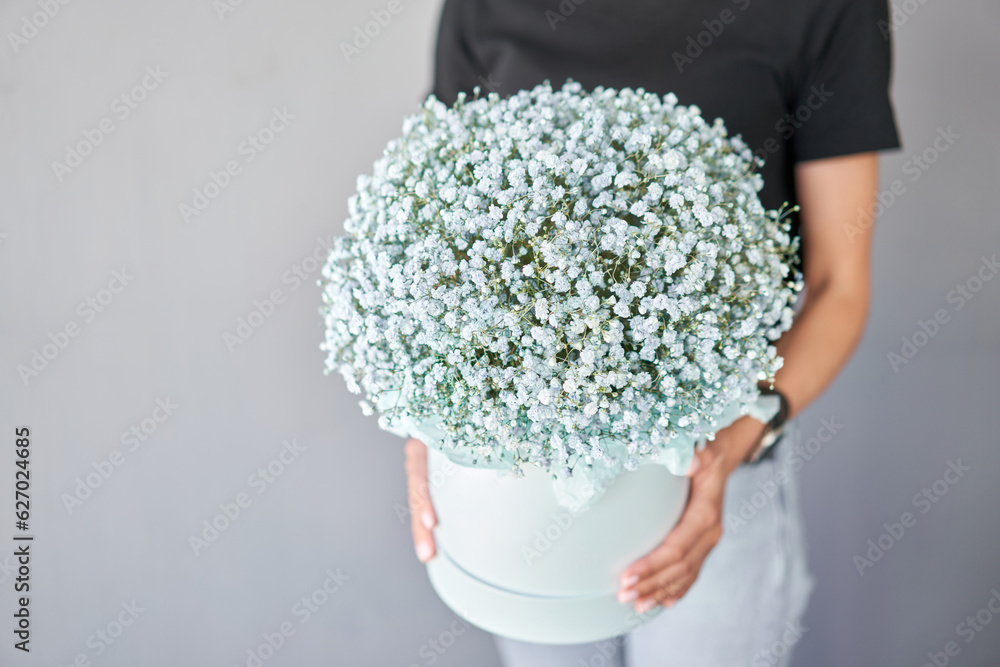 Gypsophila in a round hatbox. Beautiful bouquet of mixed flowers in womans hands. the work of the florist at a flower shop. Fresh cut flower.