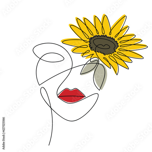 Woman face abstract floral vector. Sunflower, helianthus flower line continuous drawing. Hand drawn illustration. Female portrait. Graphic design, print, banner, poster, brochure, logo, card.