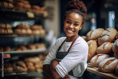 Generative AI illustration of Beautiful black woman working in a bakery oven
