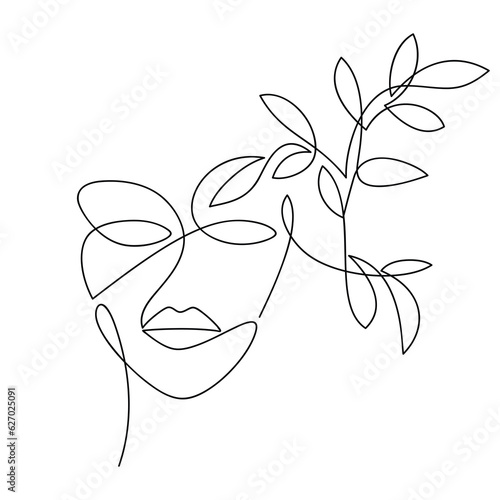Female portrait. Woman face abstract floral vector icon. Leaves branch silhouette line continuous drawing. Hand drawn illustration. Graphic design, print, banner, poster, brochure, logo, card.