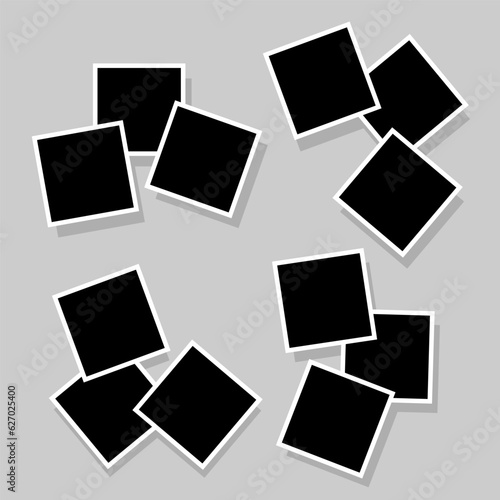 Black 3d cartoon frame collage. Grey background with empty spaces. Templates for photo, decor and interior. Vector illustration.