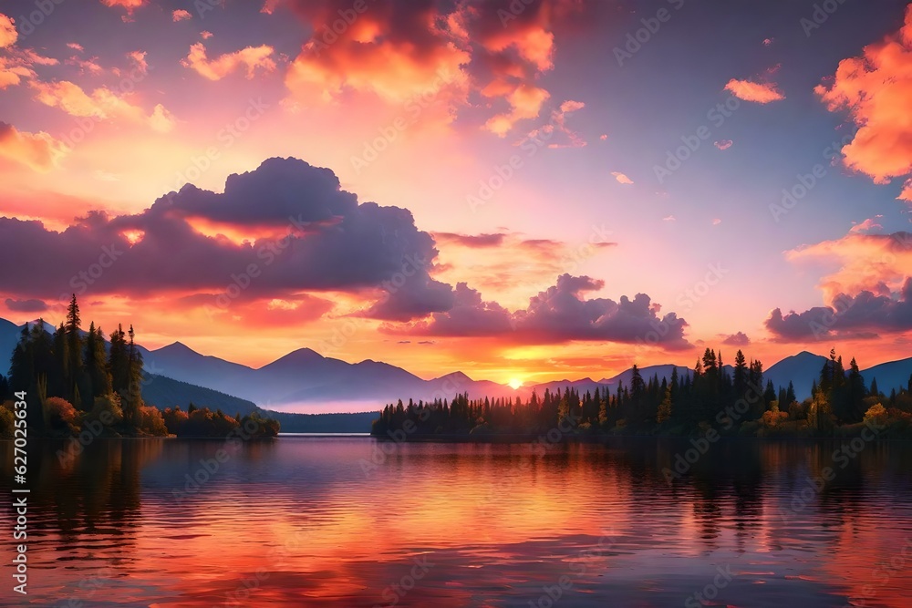 A serene sunset scene with a calm lake and colorful clouds