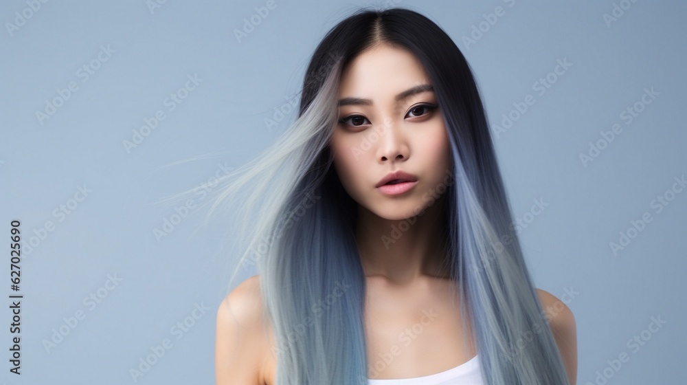 Beautiful woman with blue long hair bust up image on studio background. lgbtq concept Beautiful woman with blue long hair bust up image on studio background. lgbtq concept