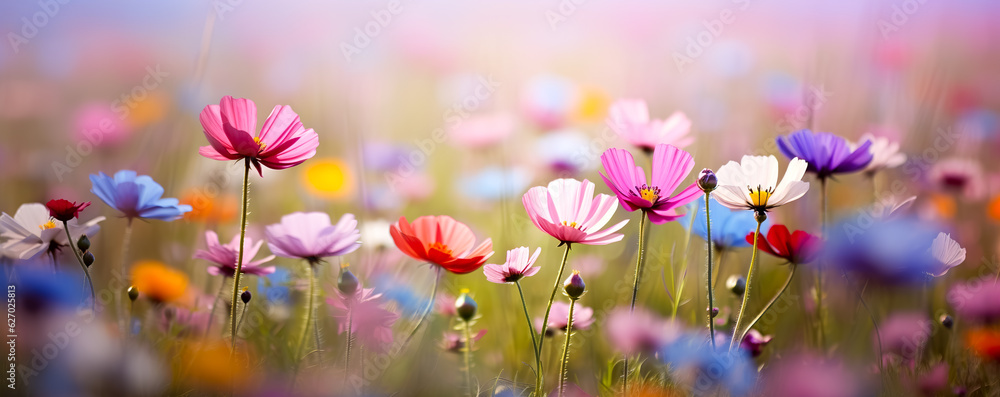 Natural colorful panoramic landscape with many wild flowers