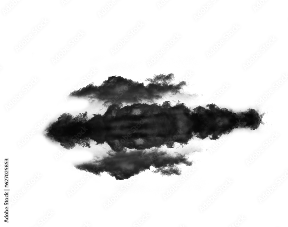 Black smoke cloud, fog or smokey flare and steam or gas, mist explosion with a powder spray. Rorschach test, design element and texture isolated on a transparent background