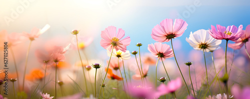 Natural colorful panoramic landscape with many wild flowers