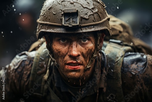 A marine displaying courage and resilience in the face of adversity during combat situations. Generative Ai © bluebeat76