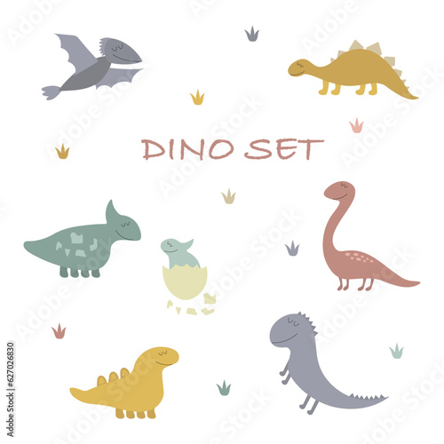 Dino set in cartoon style on white background. Fantasy cartoon collection with colorful dino set. Great design for any purposes.