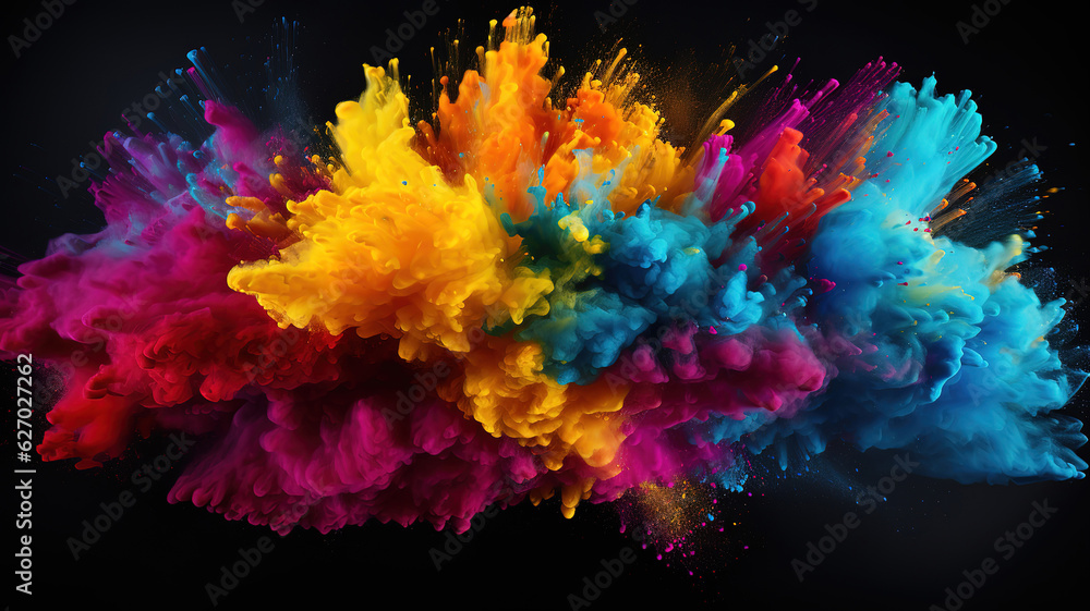 A colorful powder explosion in a black background. Generative Ai