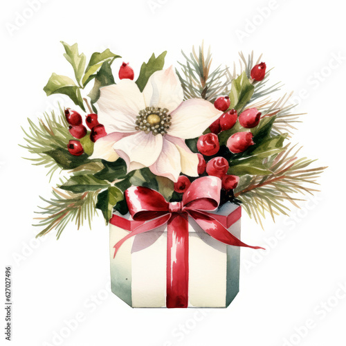 a Christmas gift decorated with holly and berries on a blank background