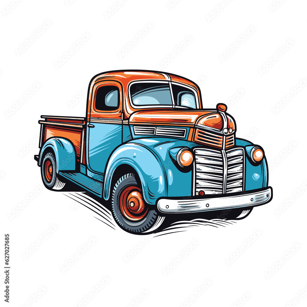Old fashioned pickup truck vector illustration, in the style of light navy and turquoise. Vector Illustration