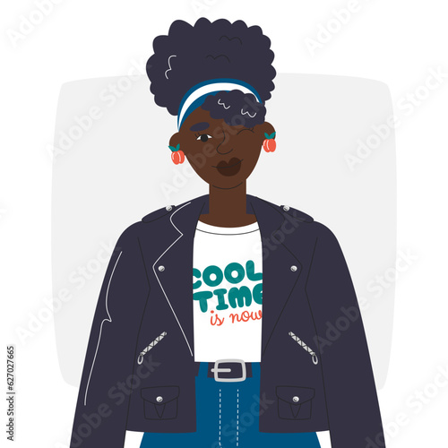 Handsome black girl in rockstar style outfit. African american female character cover design. Beauty woman profile avatar. Lady portrait of poster wall art. Fashion hand drawn flat vector illustration