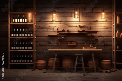  Wine shop. Ai art. Wooden shelves and wine rack