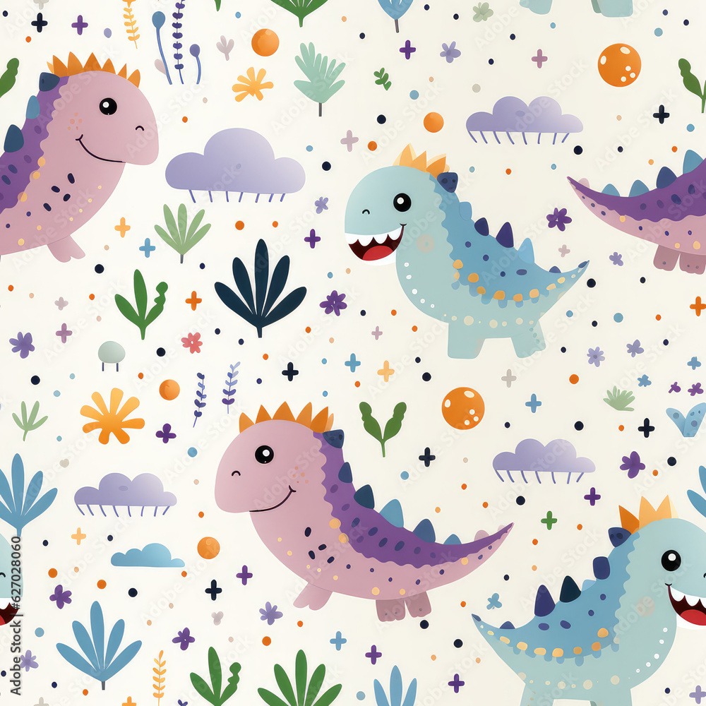 Cartoon dinosaurs childish seamless repeat pattern Cartoon dinosaurs childish seamless repeat pattern