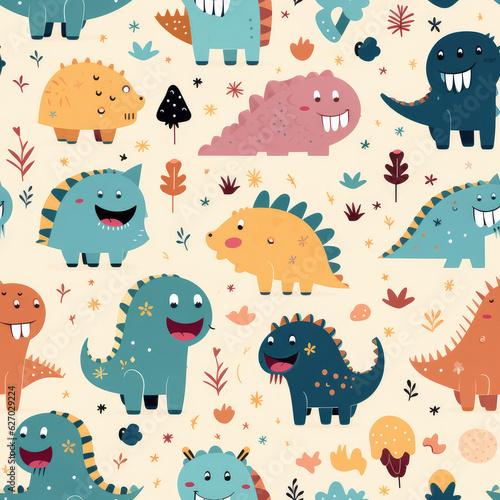 Cartoon dinosaurs childish seamless repeat pattern 