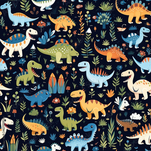 Cartoon dinosaurs childish seamless repeat pattern 
