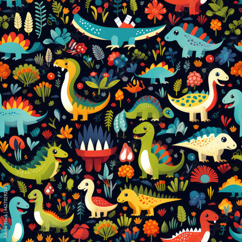 Cartoon dinosaurs childish seamless repeat pattern 