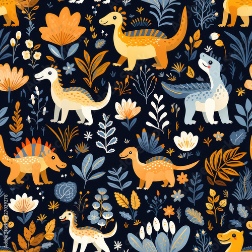 Cartoon dinosaurs childish seamless repeat pattern 