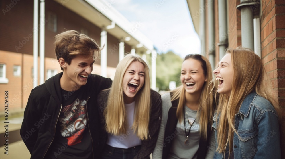 Obraz premium Multiracial university students in campus talk and have fun outdoors.