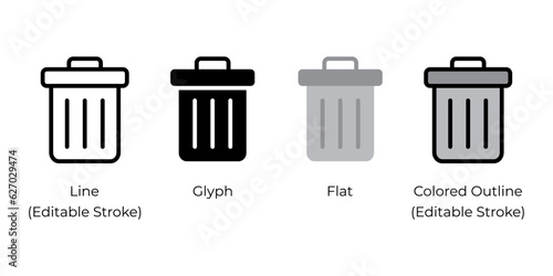 Trash can, bin, delete button vector icon set for website design, app, ui, isolated on white background. Vector illustration.