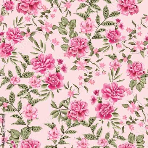 Watercolor flowers pattern, pink tropical elements, green leaves, pink background, seamless