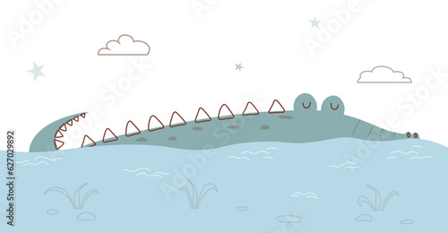 Alligator in water. Cute crocodile swimming in river. Sleeping wild African animal. Tropical reptile in lake. Big predator flat vector illustration. Abstract childish illustration in scandi style.