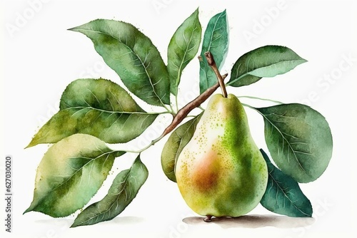 Realistic green watercolor of a pear fruit with leaves on a white background. Unique botanical composition. Generative AI