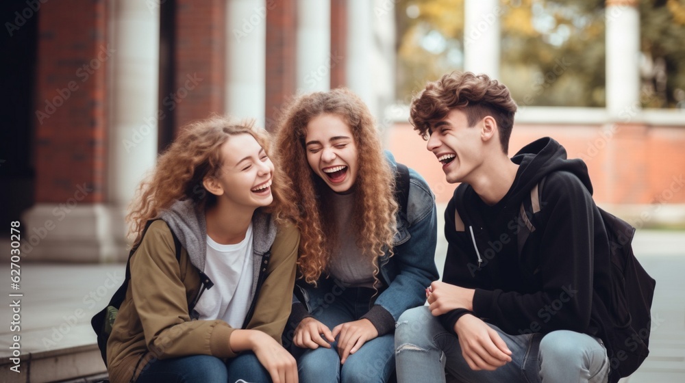 Multiracial university students in campus talk and have fun outdoors. Multiracial university students in campus talk and have fun outdoors.