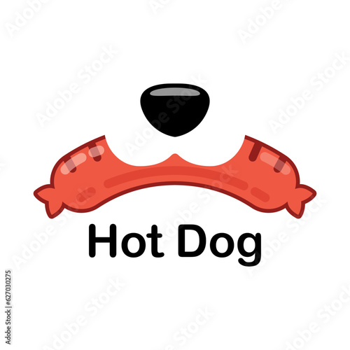 The muzzle of the dog holds a tasty sausage and the text, HOT DOG. Template for sign, symbol or logo. Vector, illustration