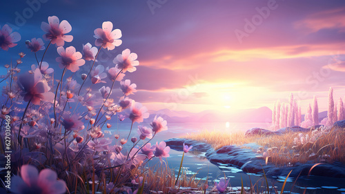 Nature spring. Flowers and plants in field at evening sunset background. Generative Ai