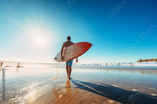 Handsome surfer on the beach, under the sun, AI generated