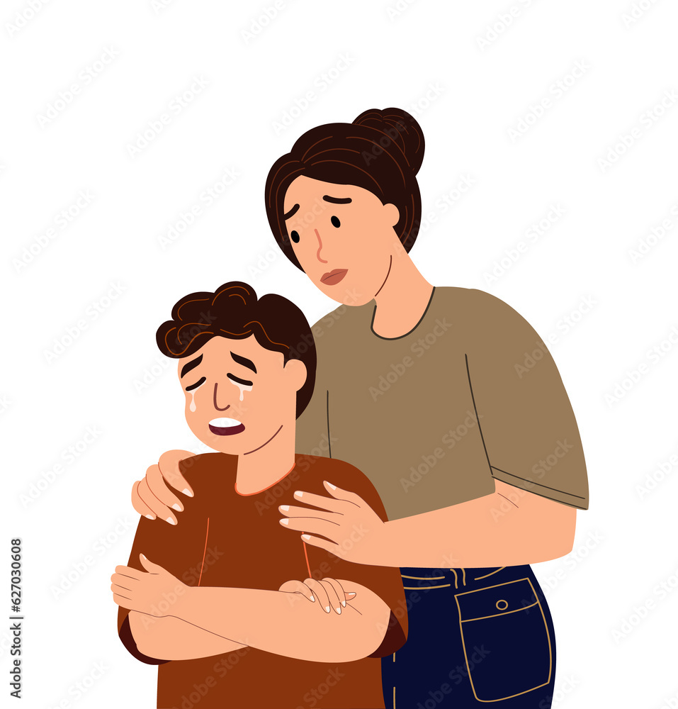 Mother supporting her crying son,care concept.Mom comforting depressed,sad boy.Supportive empathic parent helping her teenager child in difficulty.Flat vector illustration isolated on white background Mother supporting her crying son,care concept.Mom comforting depressed,sad boy.Supportive empathic parent helping her teenager child in difficulty.Flat vector illustration isolated on white background