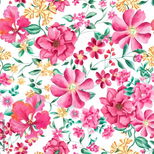 Watercolor flowers pattern, pink tropical elements, green leaves, white background, seamless