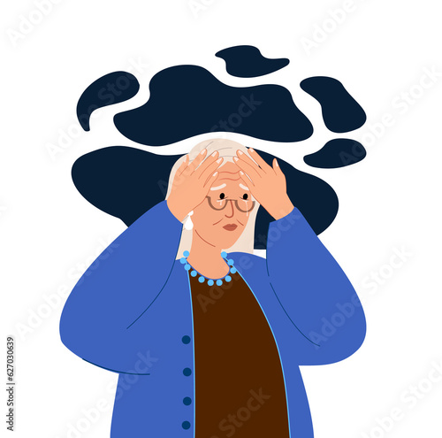 Worried Elderly Woman with headache or Dementia.Forgetful Senior Character with Amnesia,Alzheimer Disease.Confused Grandmother,Forget,Try Remember.Troubled Worried Old Retired.Flat Vector Illustration