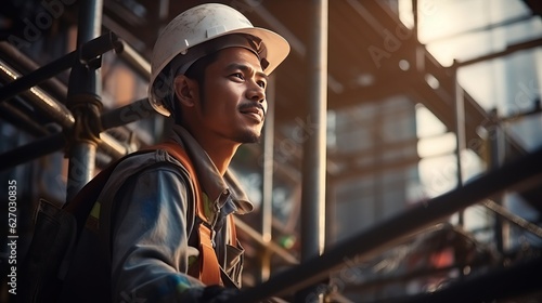 smile of Engineer man Technician Workers on High Steel Platform,