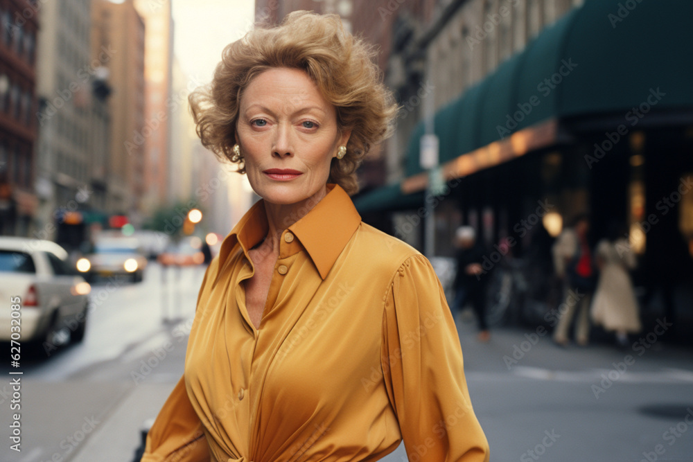 Fototapeta premium Senior woman walking down the street, elegant, AI generated