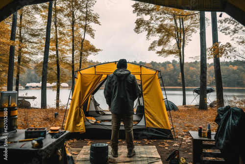 Man camping near the mountain lake. High quality photo