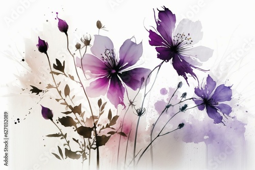 A white background with purple flowers in painting. Generative AI