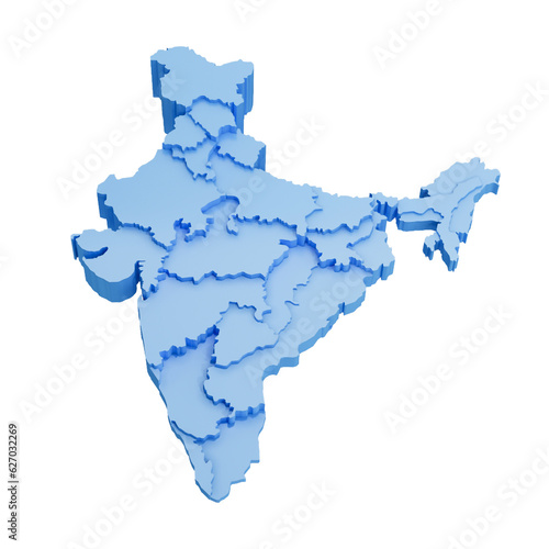 Three-dimensional map of India on white background. 3d Illustration