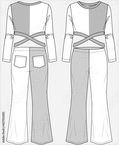 COLOR BLOCK LONG SLEEVES TEXT TAPING DETAIL CUT OUT STYLING KNIT TOP PAIRED WITH WIDE LEG FLARED KNIT TROUSERS COORDINATE SET DESIGNED FOR WOMEN TEEN GIRLS AND KID GIRLS IN EDITABLE FILE
