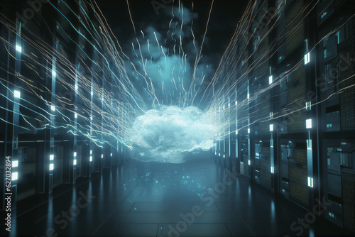 futuristic corridor of data center internet cloud server visualization of datastreams photo